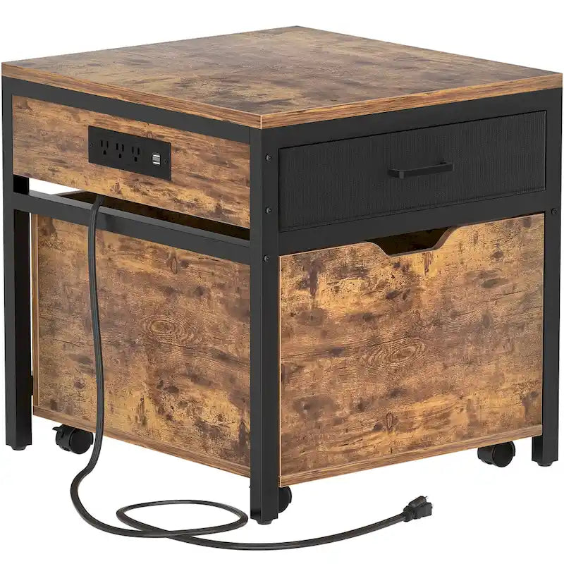 Mini Fridge Stand with Charge Station, Side/ End Table with Storage Drawers and Rolling Cabinet