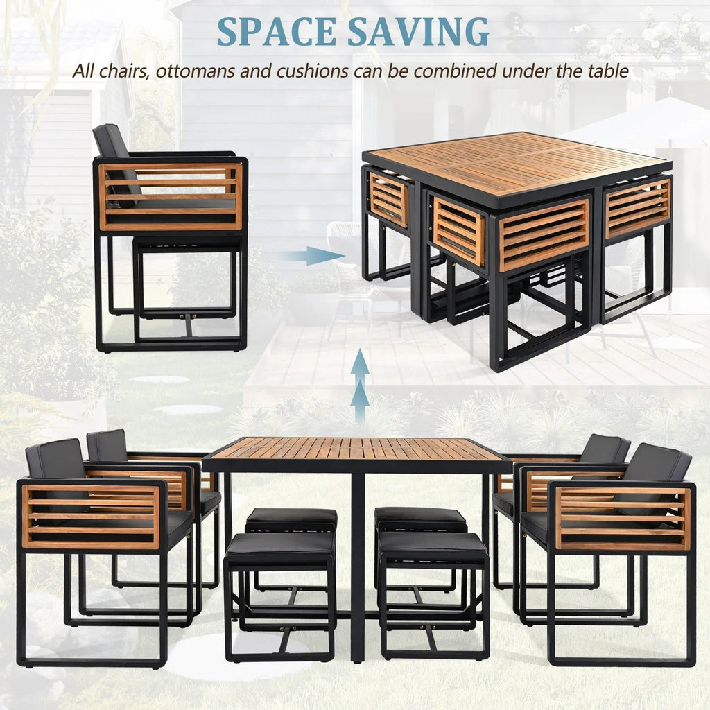 18-Pieces Acacia Wood Patio Dining Set, 8 Cushioned Chairs & 8 Ottomans & 2 Square Table