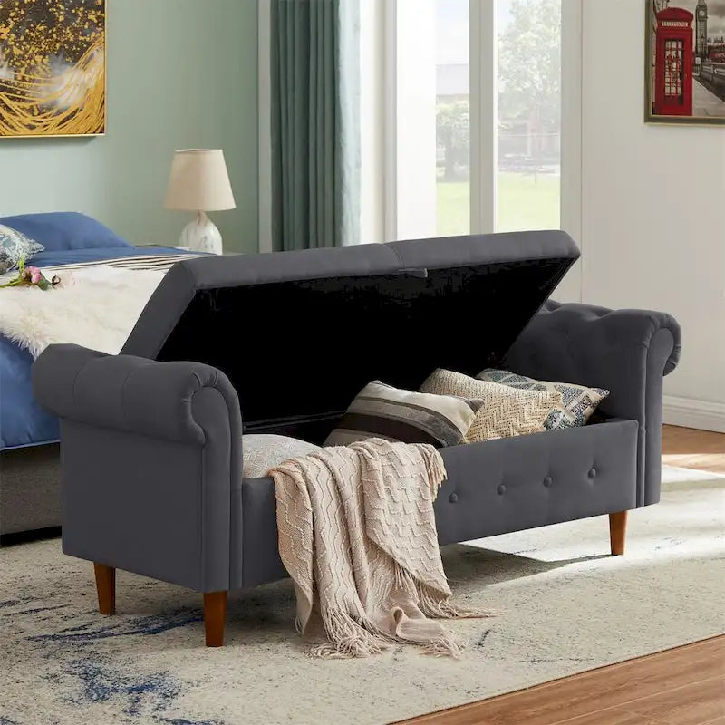 Storage Bench for Bedroom End of Bed Rolled Armed Velvet Ottoman Couch Long Bench