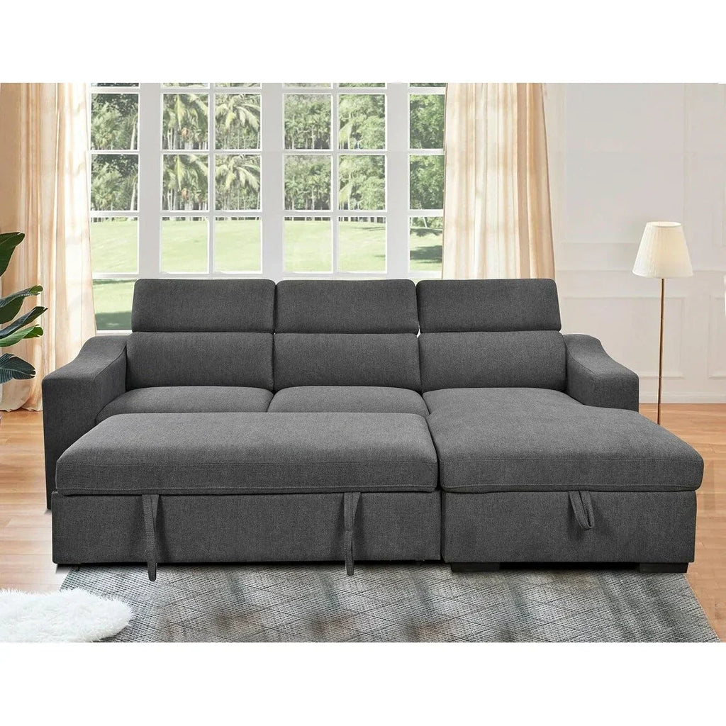 Roomfitters 103 Convertible Sectional Sofa with Storage Chaise, Adjustable Headrests, L-Shaped Sleeper Corner Sofa, Dark Gray