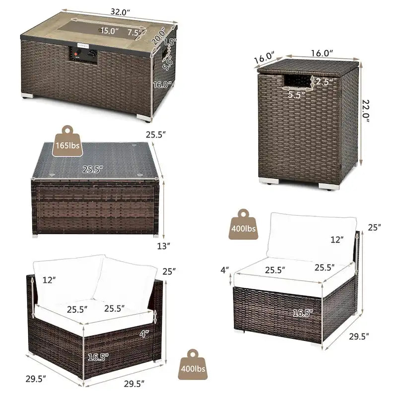 8PCS Patio Rattan Furniture Set Fire Pit Table Tank Holder Cover Deck
