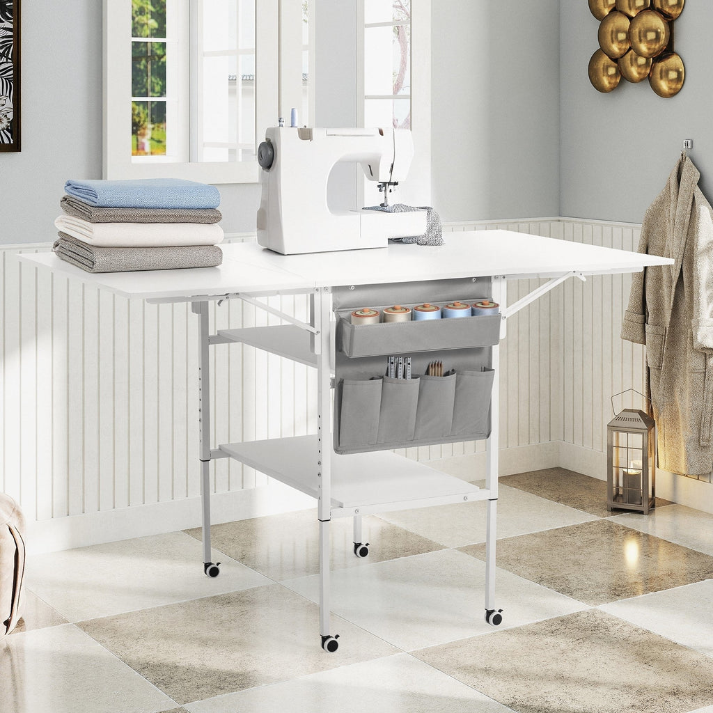 Height Adjustable Craft Table with Storage Shelves, Mobile Folding Cutting Table for Home Office Sewing Room Craft Room