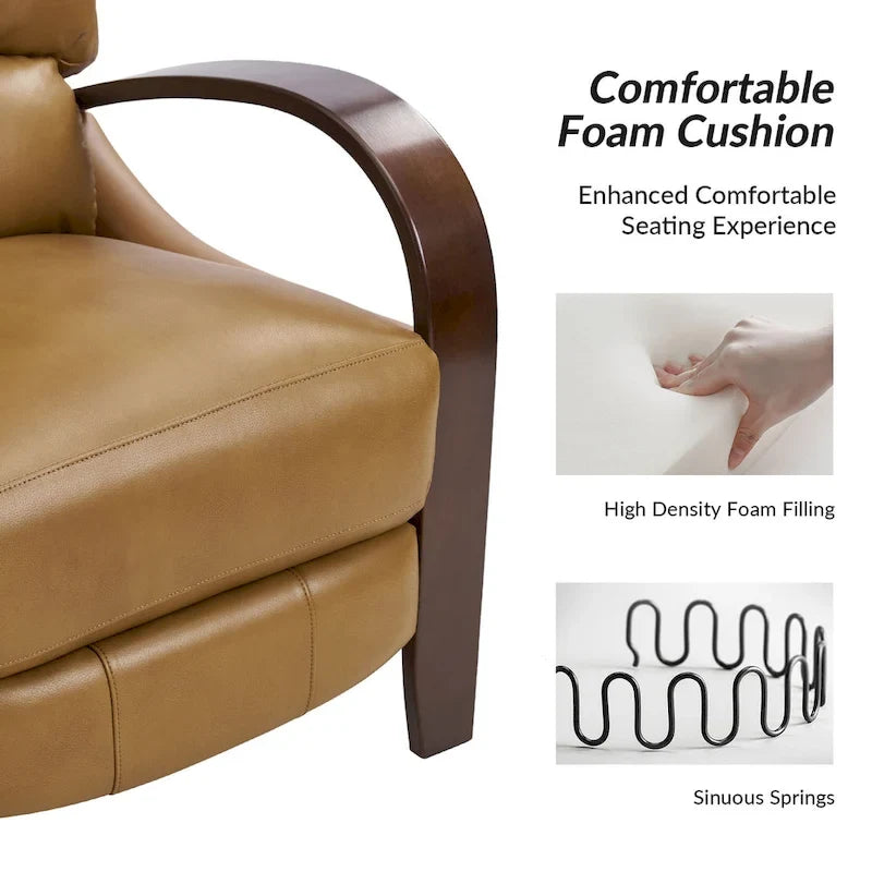 Alex Mid-century Modern Cigar Genuine Leather Manual Recliner with Wooden Curved Arms