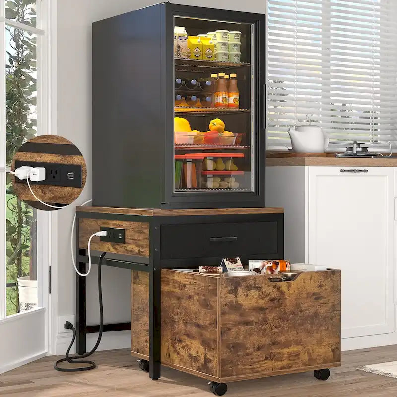Mini Fridge Stand with Charge Station, Side/ End Table with Storage Drawers and Rolling Cabinet