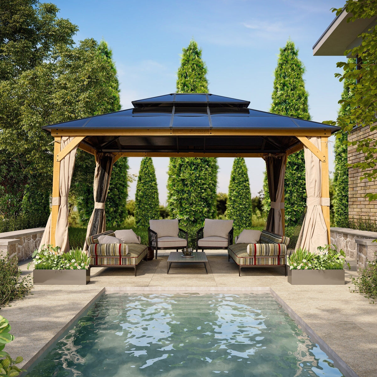 EROMMY Hardtop Gazebo,Outdoor Pergola with Double Roof & Netting & Curtains,Heavy Duty Canopy for Patio, Backyard, Pool party