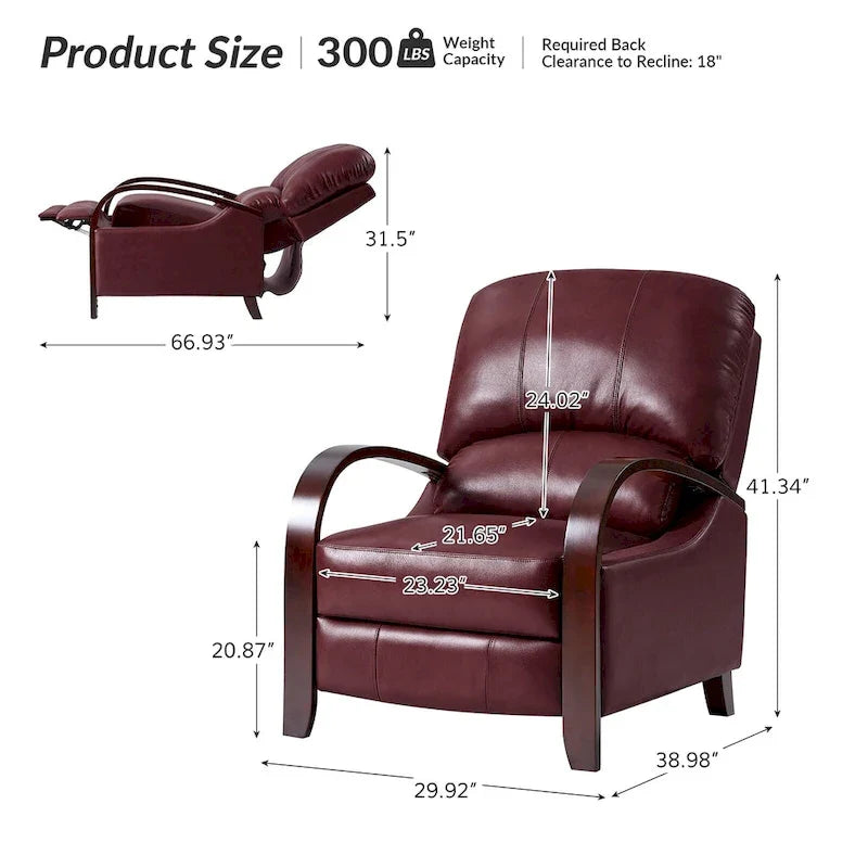 Alex Mid-century Modern Cigar Genuine Leather Manual Recliner with Wooden Curved Arms