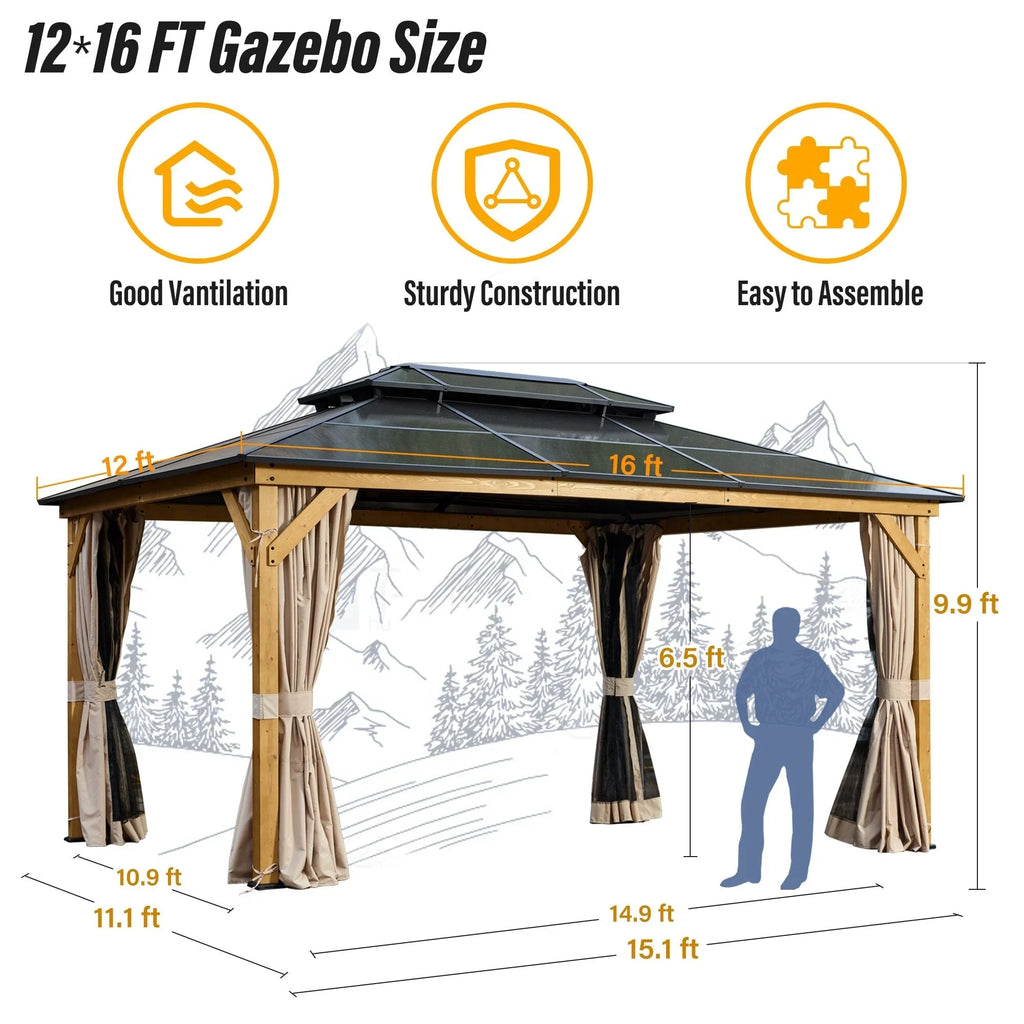 EROMMY Hardtop Gazebo,Outdoor Pergola with Double Roof & Netting & Curtains,Heavy Duty Canopy for Patio, Backyard, Pool party