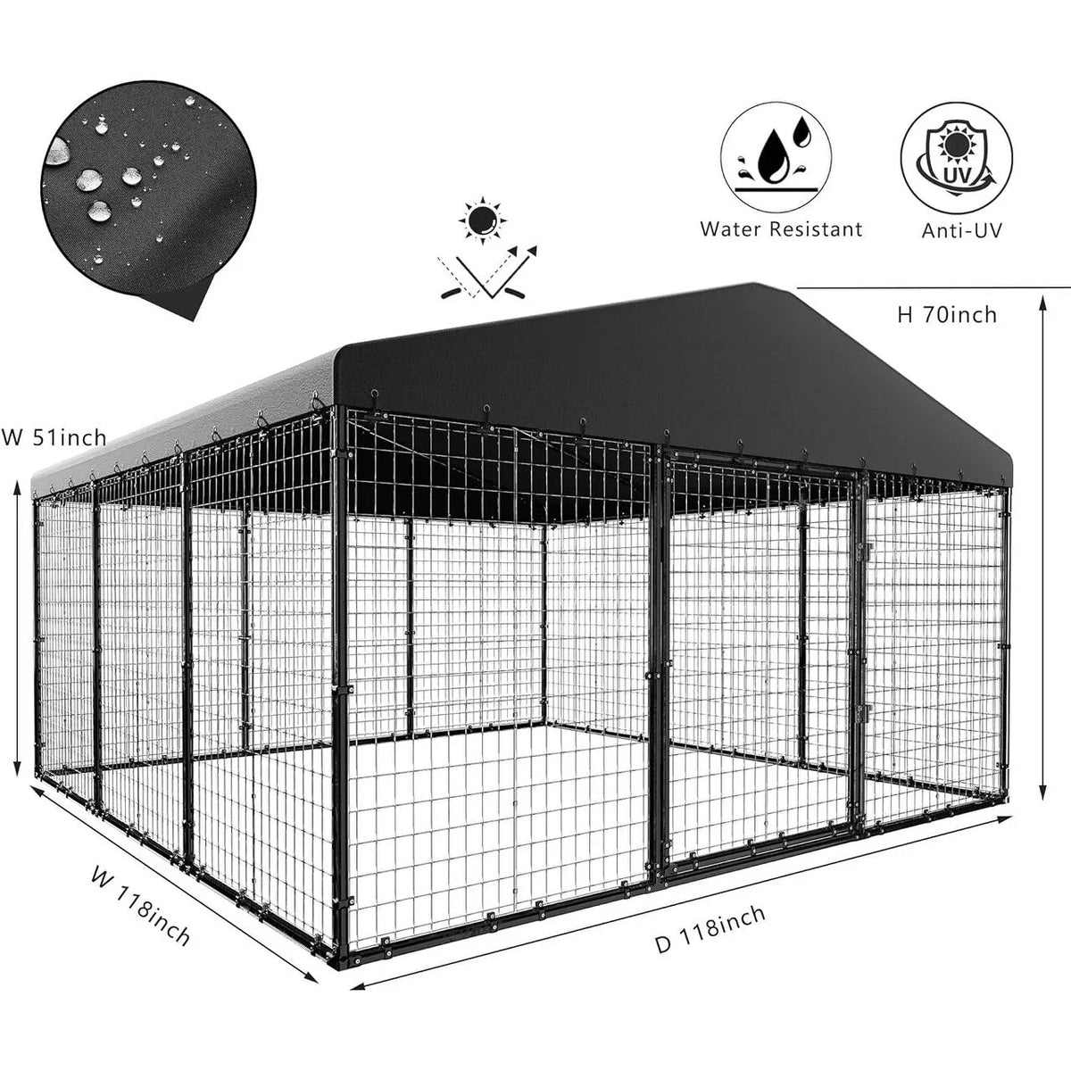 W 118 x D 118 x H 70 Large Outdoor Dog Kennel,Heavy Duty Dog Cage Enclosure with Waterproof Roof