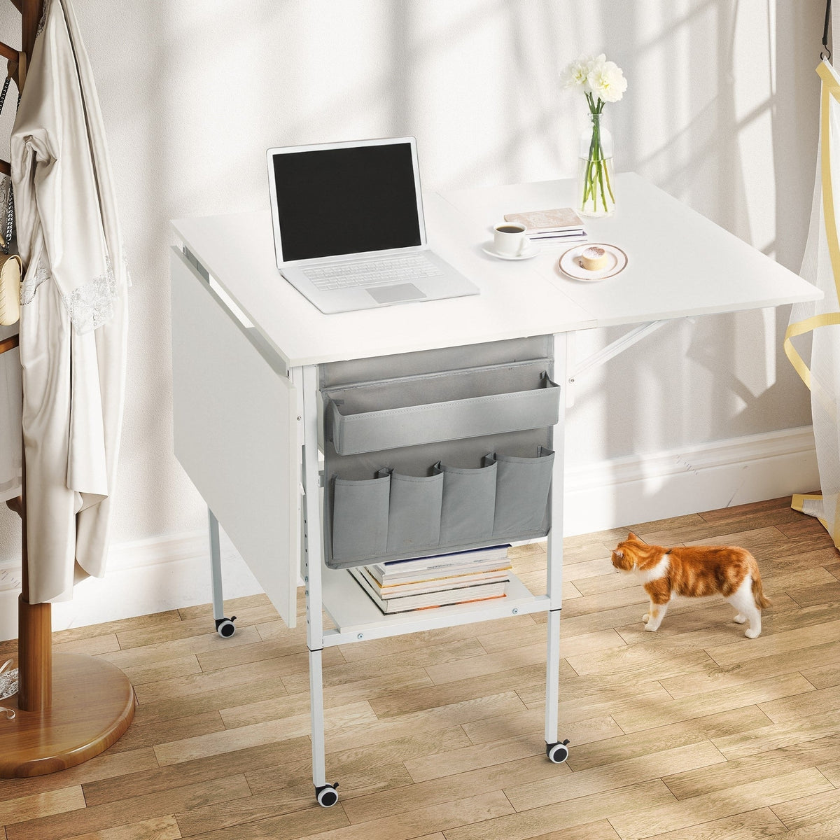 Height Adjustable Craft Table with Storage Shelves, Mobile Folding Cutting Table for Home Office Sewing Room Craft Room
