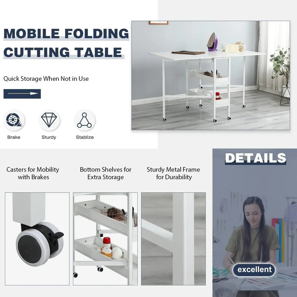 Height Adjustable Craft Table with Storage Shelves, Mobile Folding Cutting Table for Home Office Sewing Room Craft Room