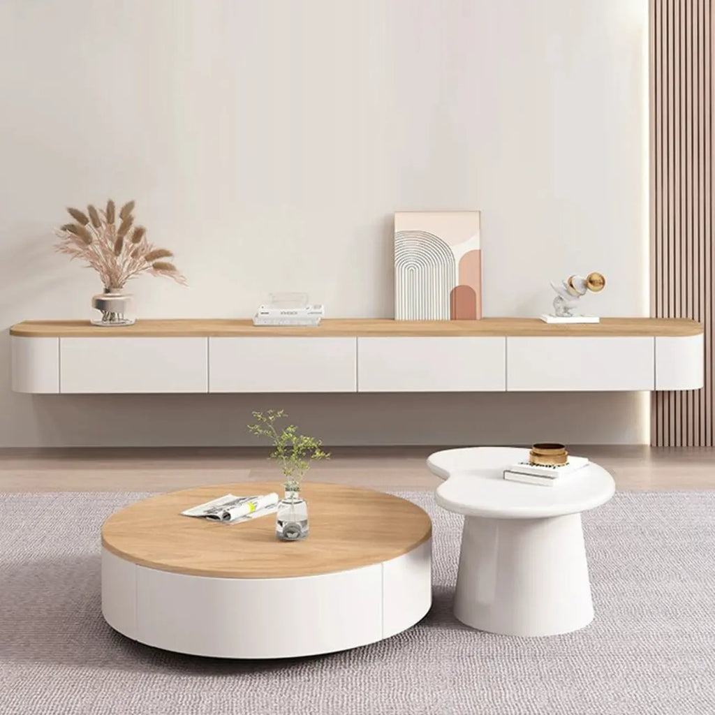 Contemporary Long White Wood Floating TV Stand with Drawers