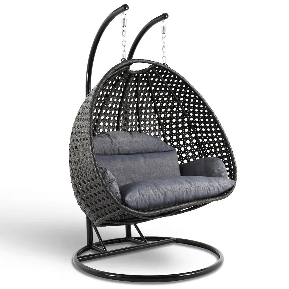 LeisureMod 2 Person Hanging Egg Chair with Stand - Outdoor/Indoor Rattan Wicker Patio Swing Hammock Lounger with Cushions