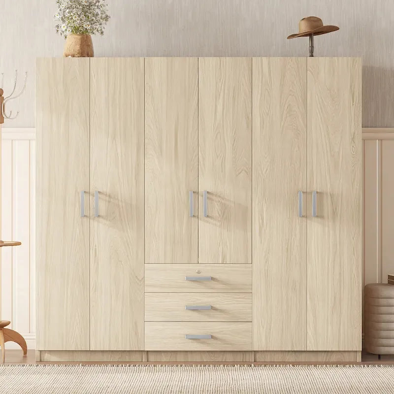 6-Doors Wooden Wardrobe Storage with 3 Big Drawers for Bedroom