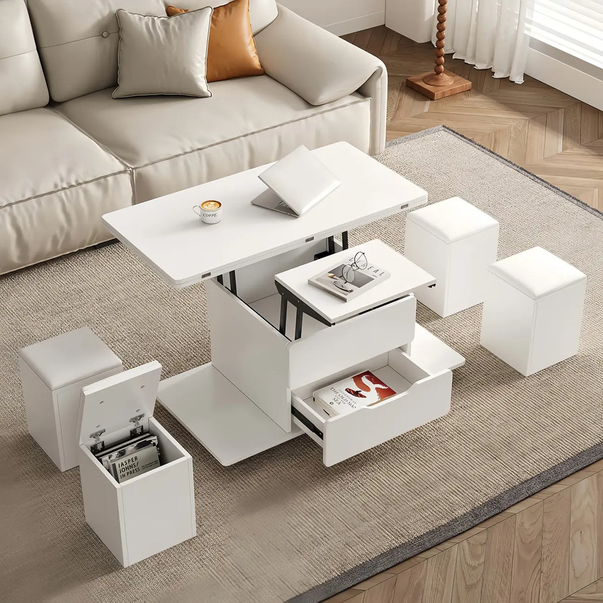 Foldable Lift-Top Coffee Table with 4 Stools & Storage