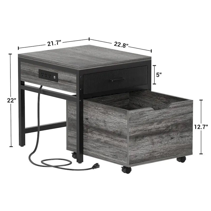 Mini Fridge Stand with Charge Station, Side/ End Table with Storage Drawers and Rolling Cabinet