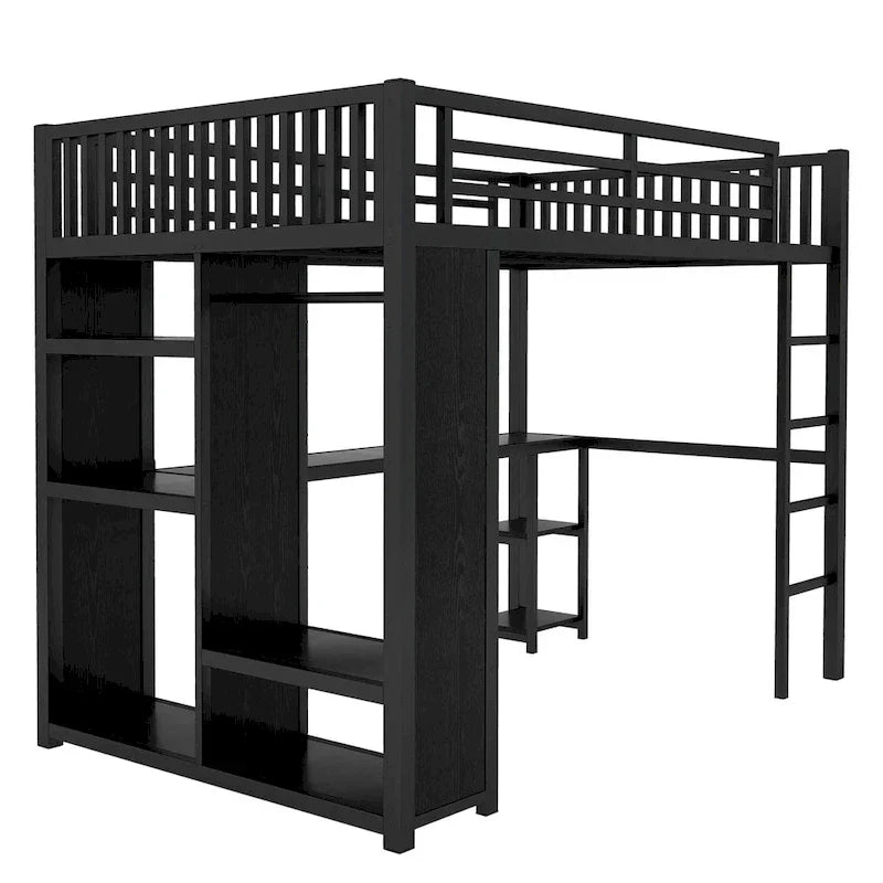 Full XL Size Loft Bed Frame with Built-in Wardrobe