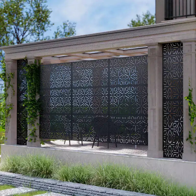 3-Panel Room Divider Screen with Geometric Pattern ¨C Black Galvanized Steel