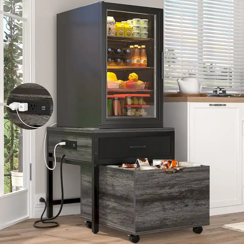 Mini Fridge Stand with Charge Station, Side/ End Table with Storage Drawers and Rolling Cabinet