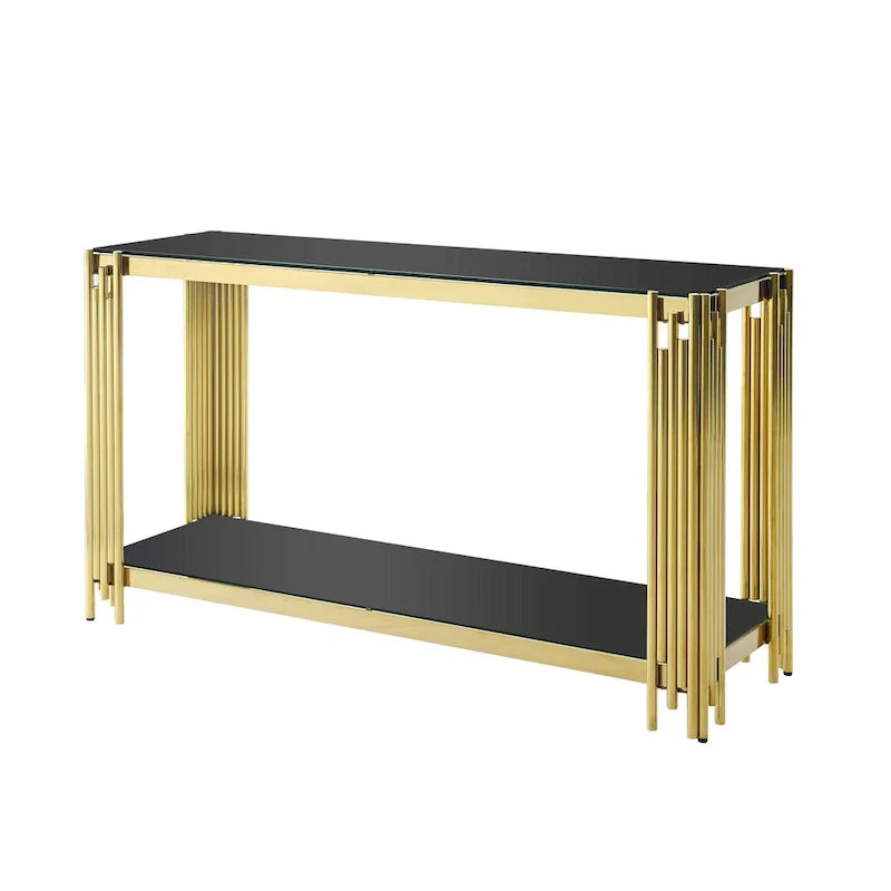 Narrow 2-tier Console Table with Gold Finished Metal Frame and Tempered Glass Top
